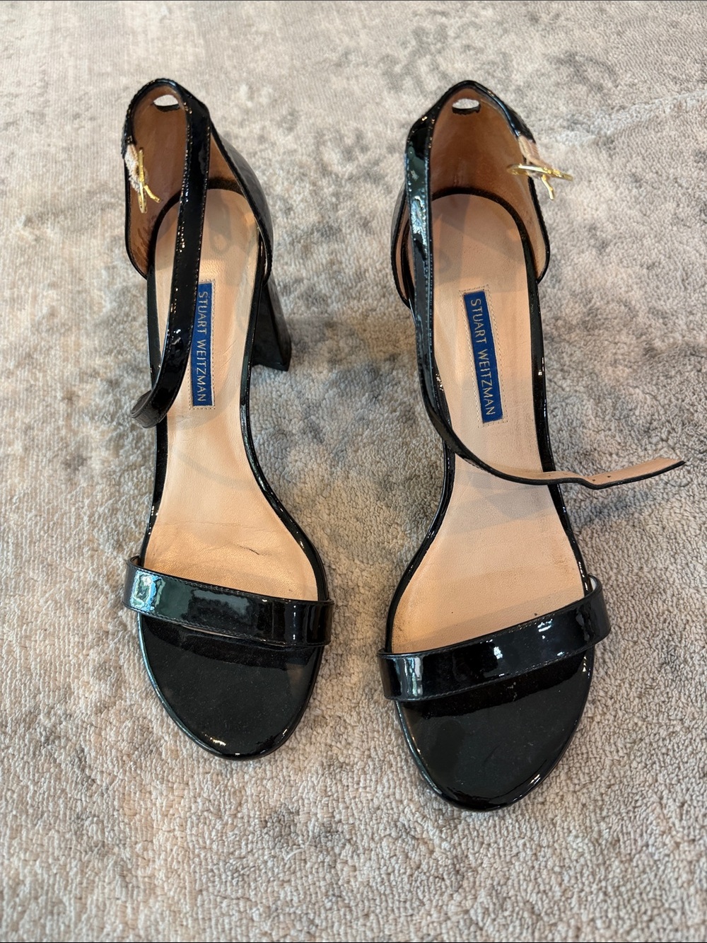 Stuart Weitzman Black Patent Leather Ankle-Strap Heels with Gold Buckles